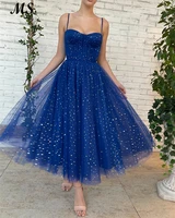ms blue tulle doted a line evening dresses spaghetti strap sweetheart tea length short prom gowns party dress for gradution 2022