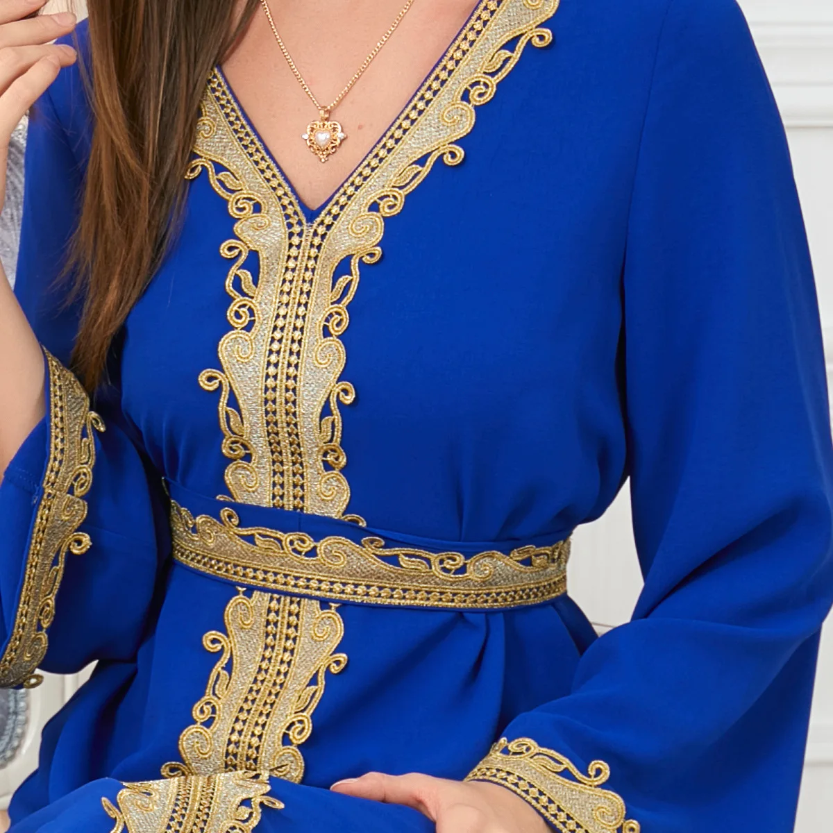Moroccan Caftan Dubai Turkey Muslim Dress Women Blue Abaya Elegant Lady Islamic Clothing Jelaba Eid Mubarak Djellaba Femme