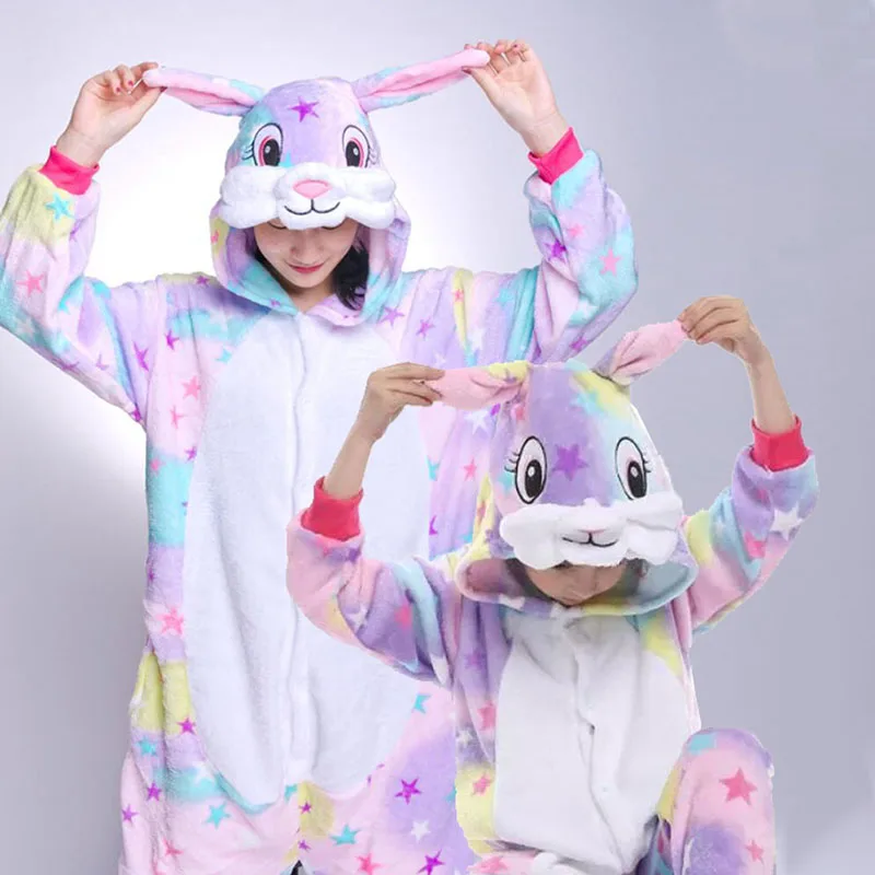 Family Kigurumi Pajamas Rainbow Rabbit Stars Animal Onesie Cosplay Costume Pajamas For Kids and Adults