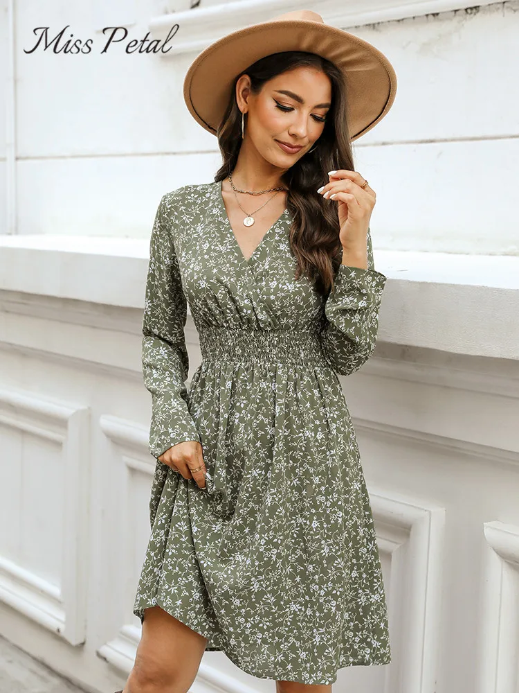 

Green Ditsy Floral Smocked A-Line Midi Dress For Woman Sexy V-neck Long Sleeve Party Dress 2023 Spring Autumn Female Dress