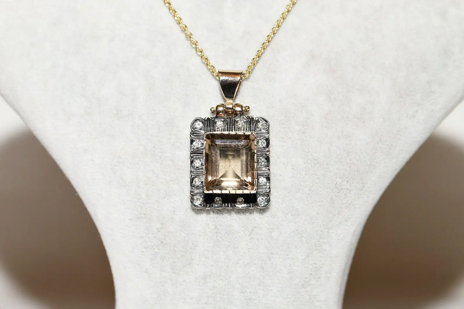 

Оригинальное античное викторианское ожерелье из 14-каратного золота с натуральными бриллиантами и дымчатым топазом