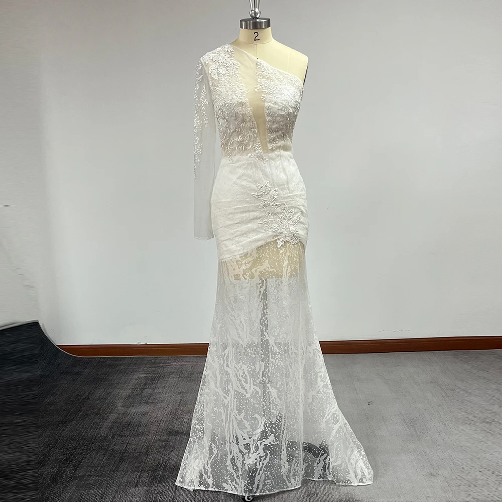 

Mermaid White Evening Dresses One Shoulder Party Dresses Sexy Sequin Robes De Soirée Long Sleeves Appliques Formal Party Gowns