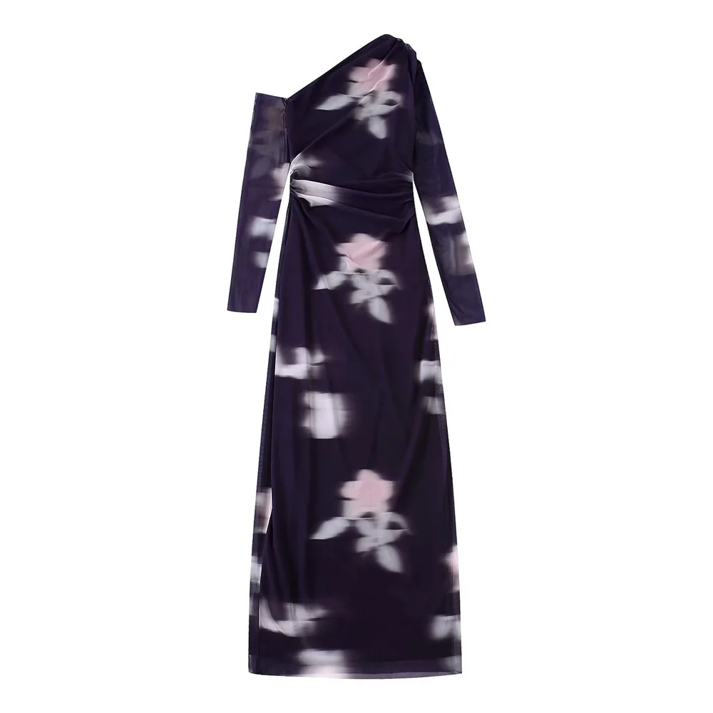 

Женское асимметричное платье-миди из тюля с косым воротником и длинными рукавами