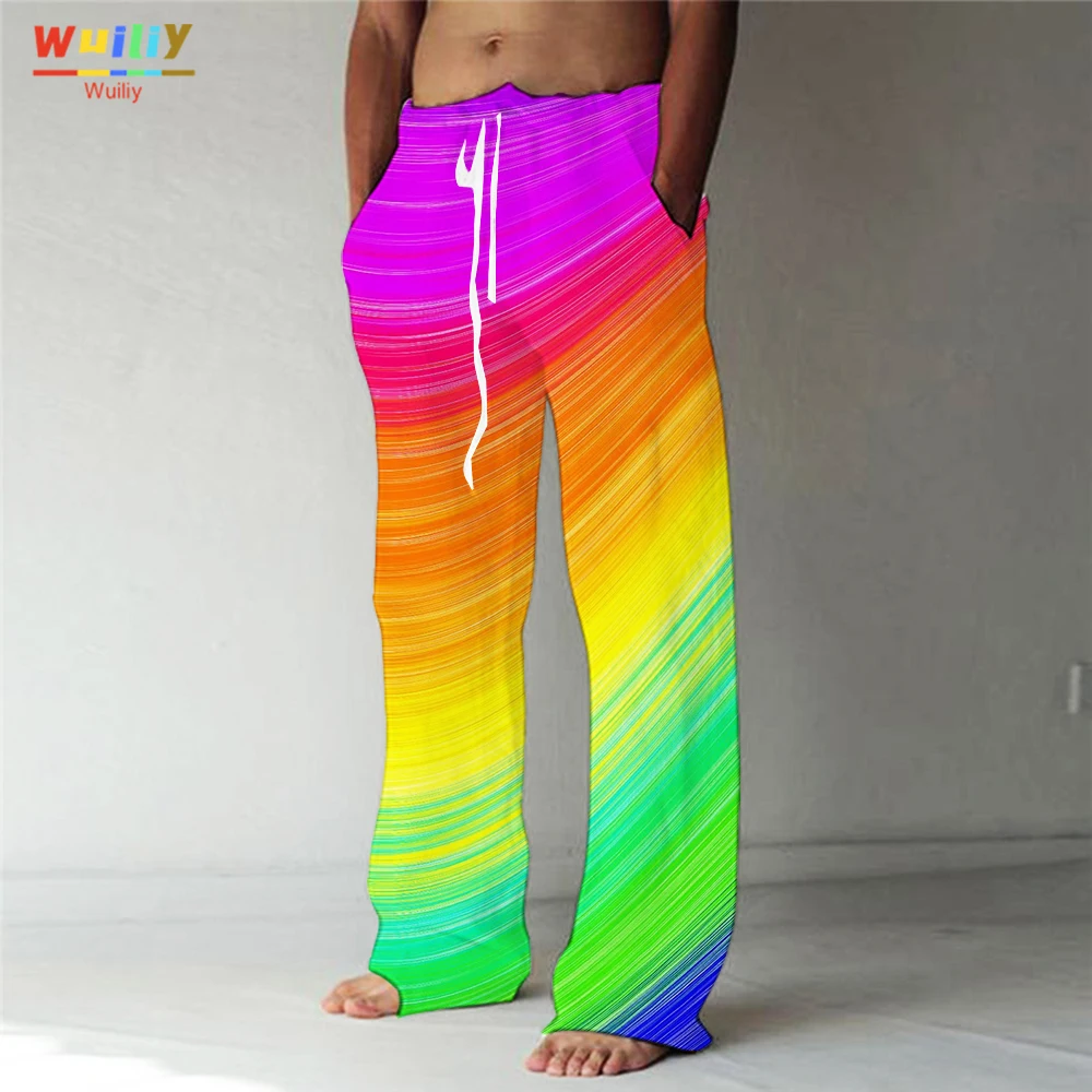 

Мужские прямые брюки с рисунком Ranibow, эластичные дизайнерские пляжные брюки с 3D принтом и карманами спереди, удобные цветные графические брюки