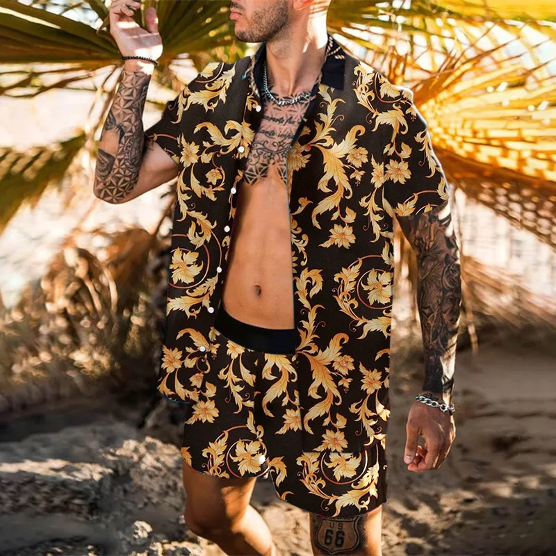 

Mens Hawaiian Shirt and Shorts Sets 2 Tropical Prints Casual Beach Streetwear Short Sleeve Summer Party Outfit T-shirt Homme
