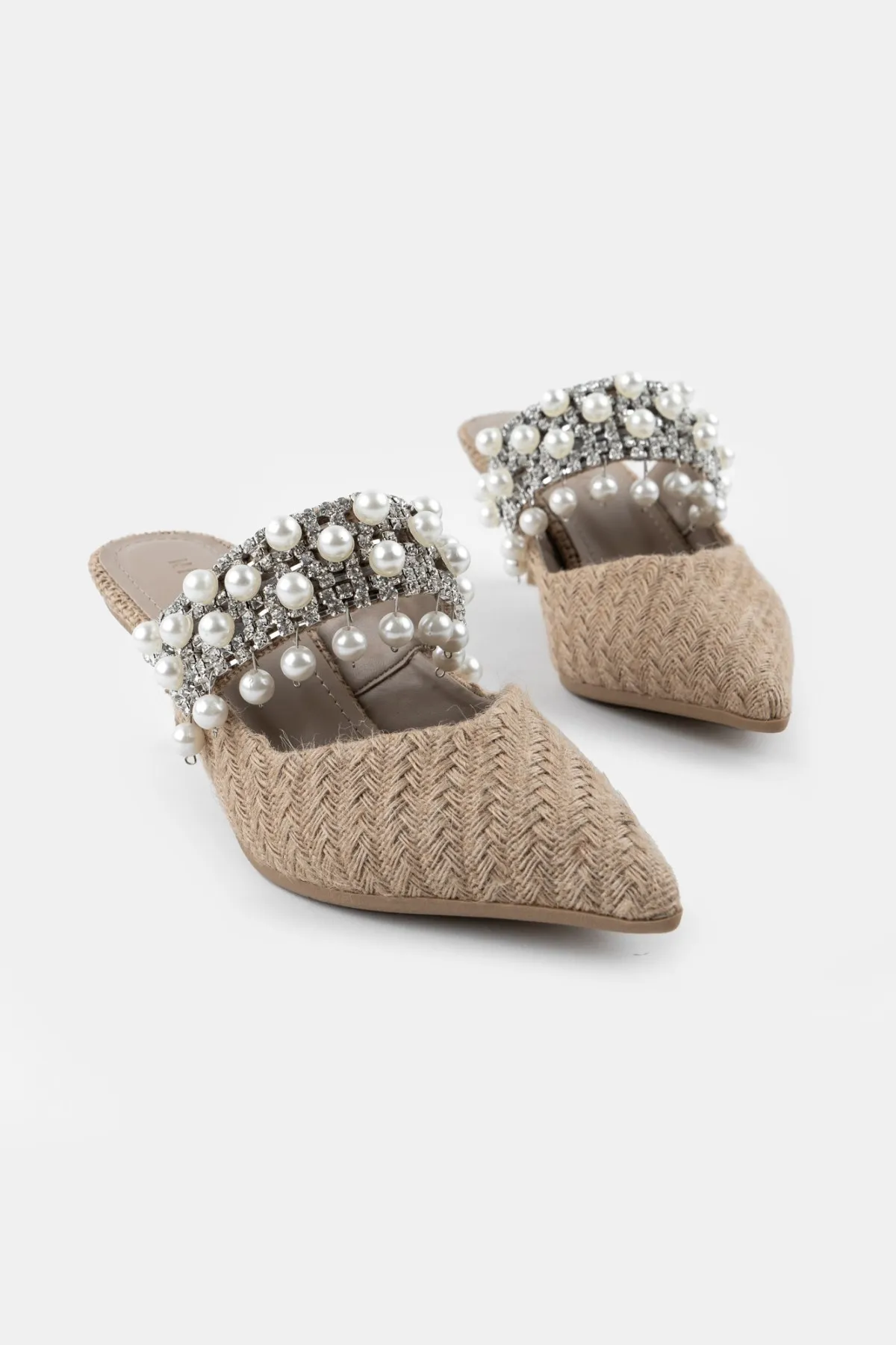 

Straw Pearl Detail Women's Heeled Slippers 2022 Summer Elegant Tiny Heels Row Beads Quality High Heel Pumps Lolita Shoes Beach