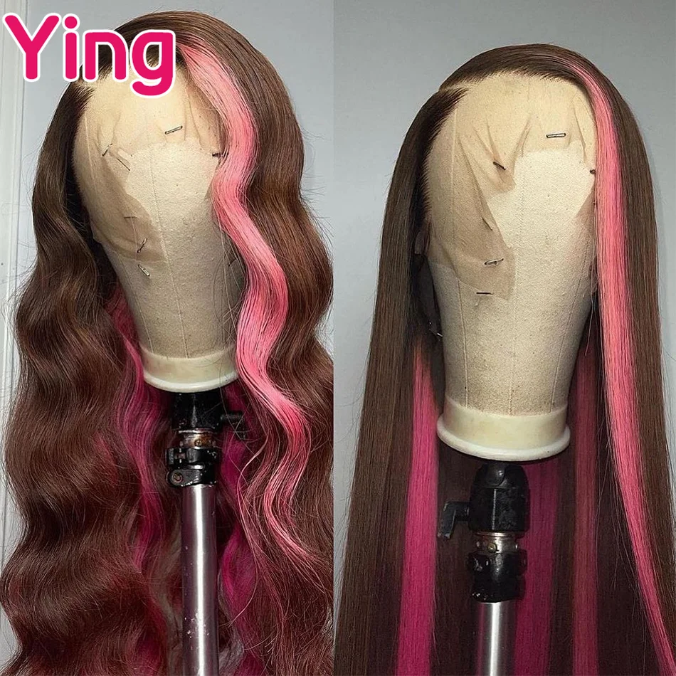 Highlight Brown Pink 13x6 Straight Lace Front Human Hair Wigs For Women Transparent Body Wave 13X4 Lace Frontal Wigs PrePlucked