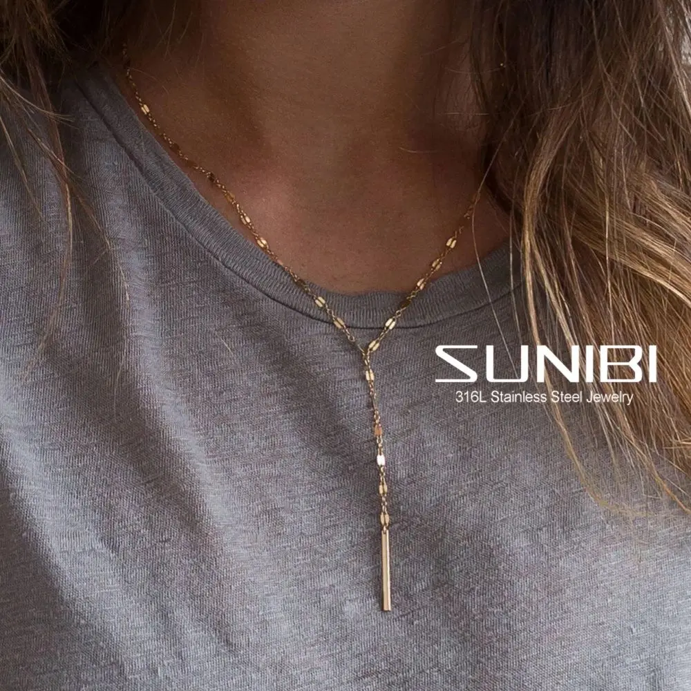 

Ожерелье SUNIBI из нержавеющей стали 316L с подвеской для женщин, простое длинное ожерелье с лариатами, вертикальная Минималистичная строка, ран...