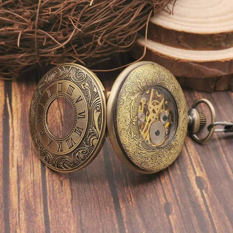 Minimalist Mechanical Pocket Watches Vintage Roman Numeral  For Men Women Necklace Pendant with Chain Gifts