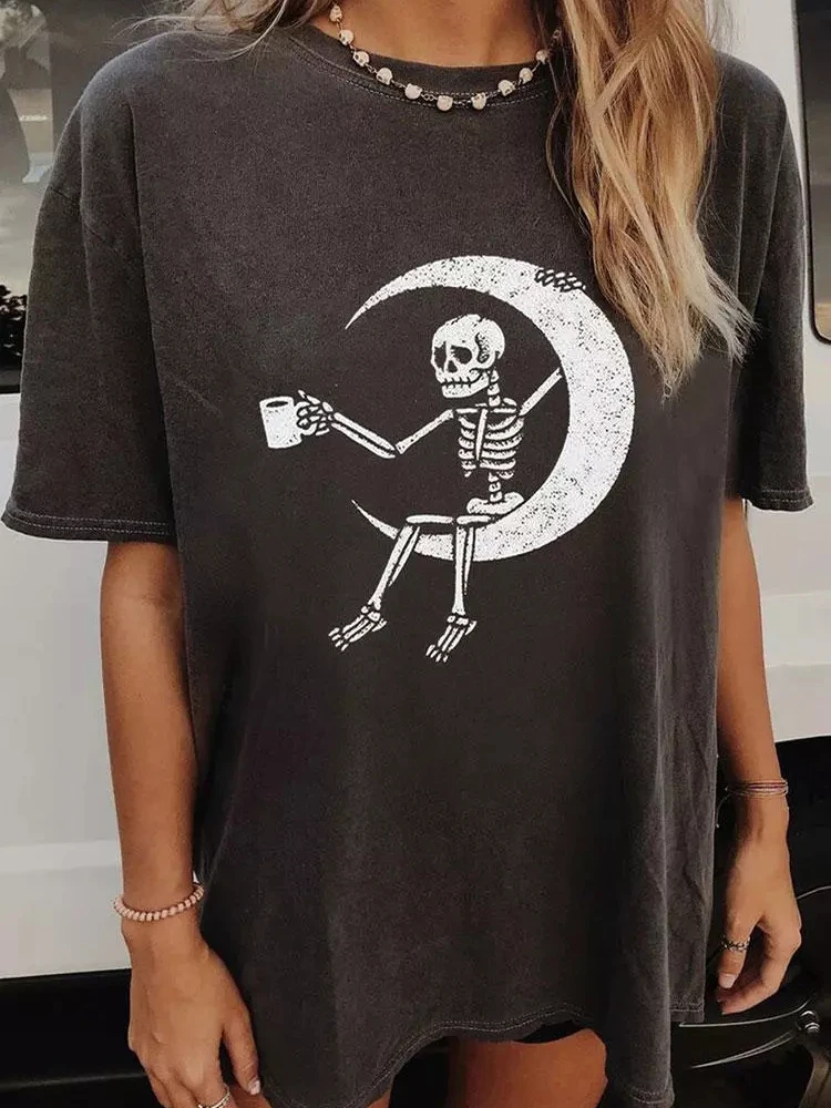 

O Neck Skeleton Moon Printed T-Shirt Short Sleeve Loose Casual Woman Top T-Shirt Tee Female Fashion Lady Shirts Tops