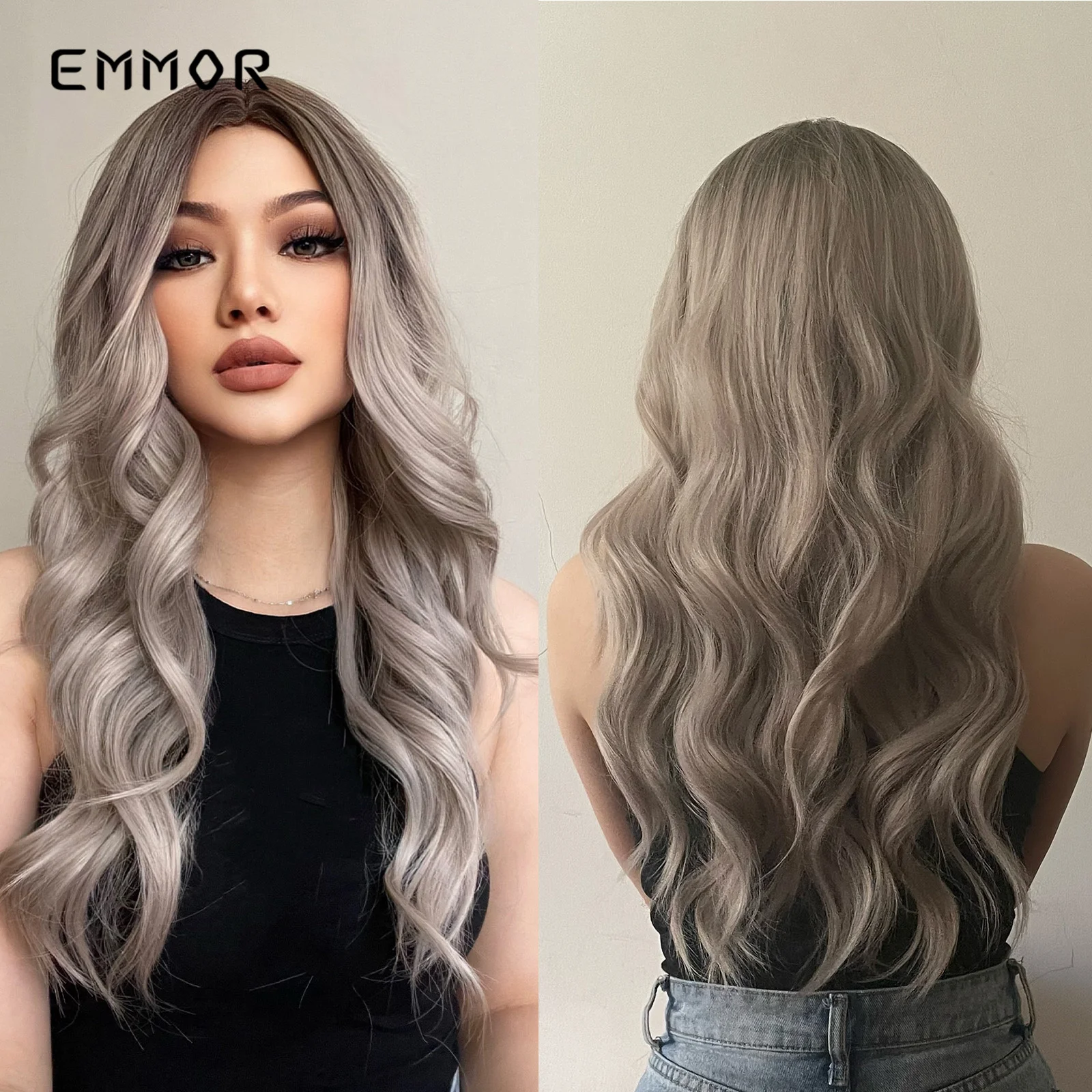 

Emmor Ash Brown Mixed White Grey Long Wavy Synthetic Wigs for White Women Daily Use Female Wig Cosplay Hair Heat Resistant Hair