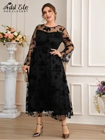 Add Elegant 2022 Autumn Plus Size Flower Mesh Cover Dresses for Women Flare Sleeve Sweet Female O Neck Waist Midi Dress B1095 6