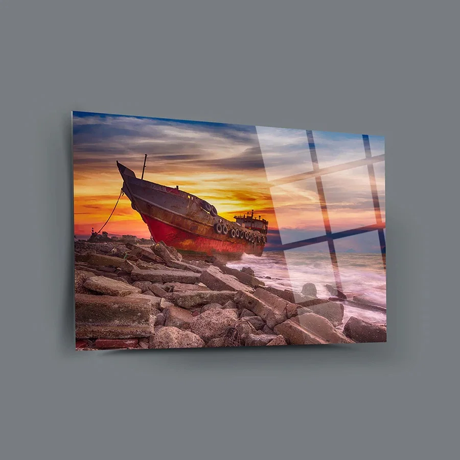 

Украшение с сувенирным кораблем, бескаркасная свободно плавающая панель из закаленного стекла для украшения дома, офиса, гостиной