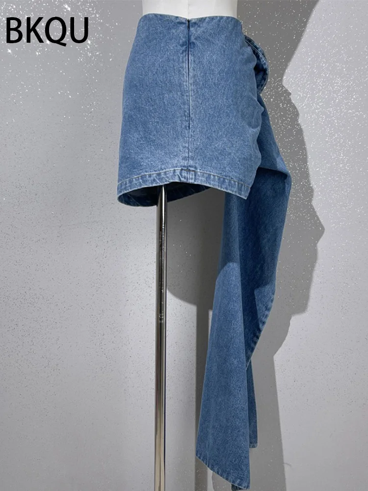 Женская джинсовая мини-юбка BKUQ трехмерная розово-синяя составного кроя с