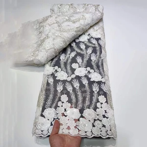 Latest Luxury Elegant 2022 African Embroidery Beaded Lace Nigerian With Sequins Lace Fabric For Wedding Party Dress