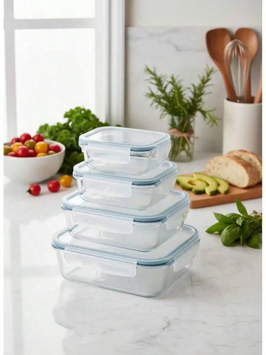 Bloom-Set of 4 Rectangular Borosilic Lunch Boxes 370-640-1000-1500ml, Glass Containers with Lids