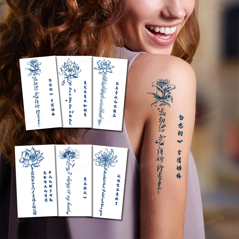 

8Pcs/Lot waterproof tempoary natural tattoo sticker herbal juice ink long lasting tattoos water transfer letter lotus words