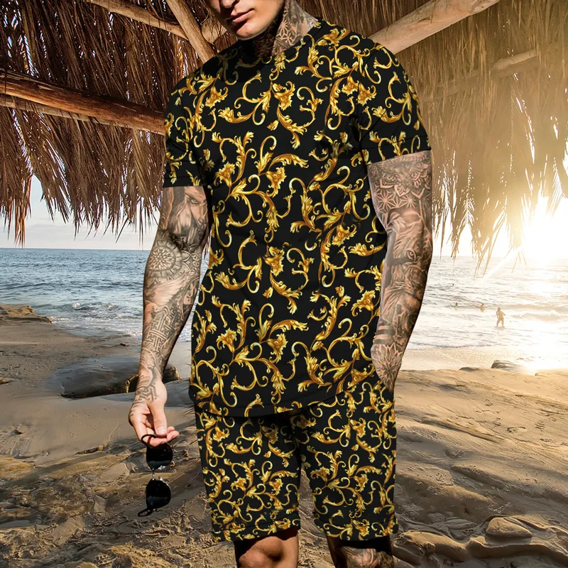 

2022 European And American Summer Men's Trend Casual Beach Style Texture 3d Digital Retro Printing T-shirt Shorts Suit