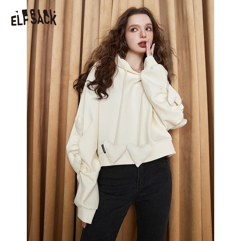 

ELFSACK White Hooded Hoodies Women 2023 Autumn Loose Long Sleeve Casual Tops