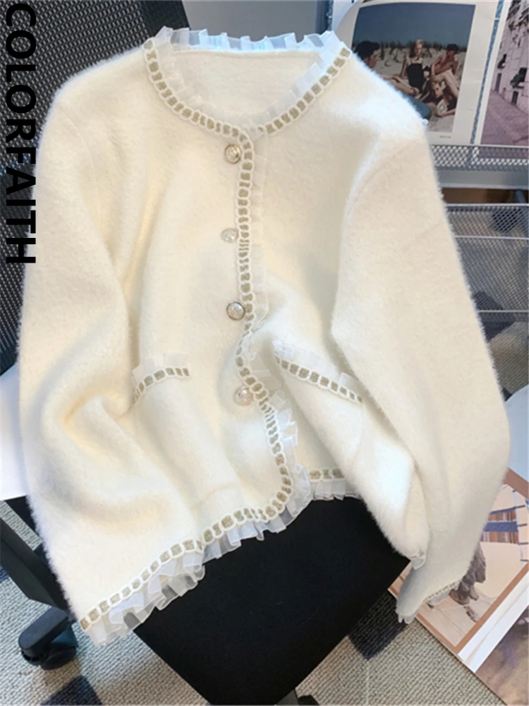 

Colorfaith SWC6592 Новинка 2022 кружевные Шикарные Модные поддельные норковые кашемировые Женские винтажные осенне-зимние вязаные кардиганы элегант...