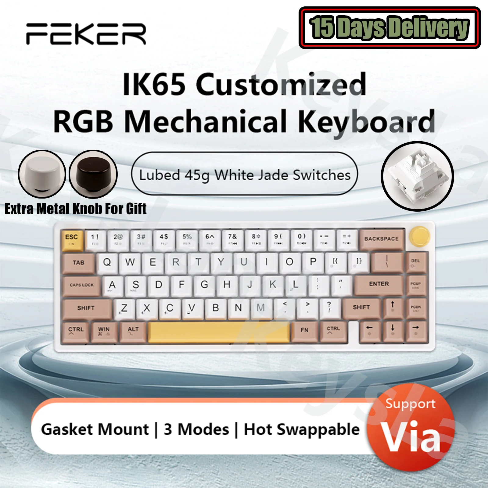Клавиатура FEKER IK65 Механическая с RGB-подсветкой, 3 режима, беспроводная поддержка через 65% 4000 мАч, колпачки клавиш PBT, Bluetooth 2,4G, прокладка, ручка, Faker ik65