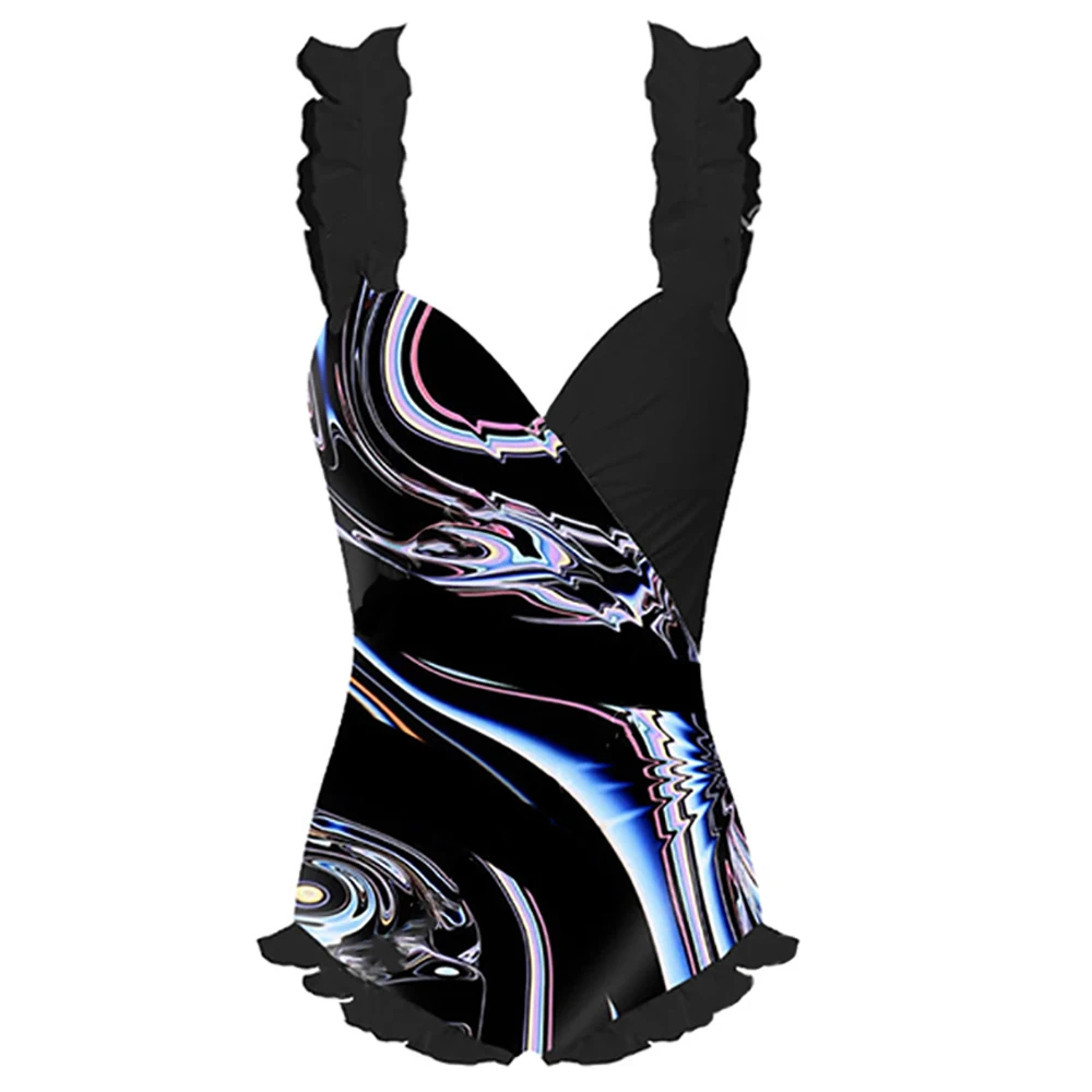 Fashion Solid Black Ruffled Bikinis Sexy Print One Piece Swimsuits Summer Beach Outfits for Women Bathing Suits Push Up Swimwear
