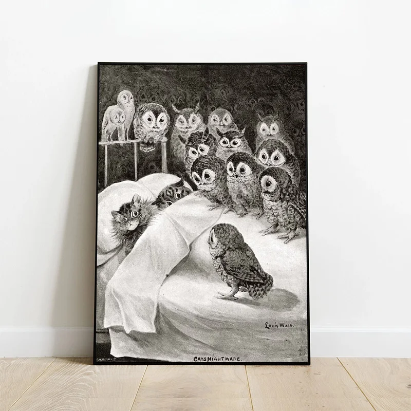 

Funny Cats Nightmare Owls Stare Vintage Poster Antique Cat Illustration Black and White Canvas Print Wall Art Home Room Decor