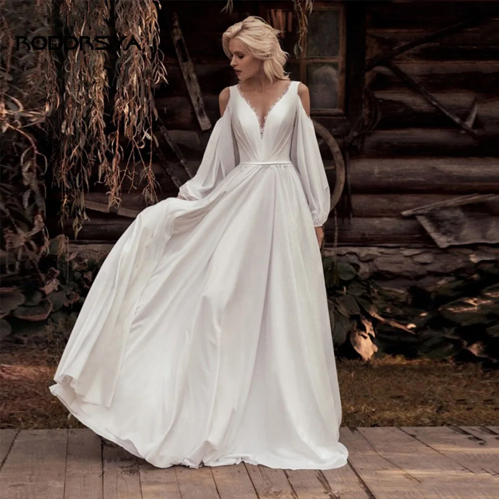 

RODDRSYA Wedding Dress For Women V-Neck A Line Chiffon Puff Long Sleeves Backless Bohemian Civil 2022 Outdoor Bridal Gowns Boho