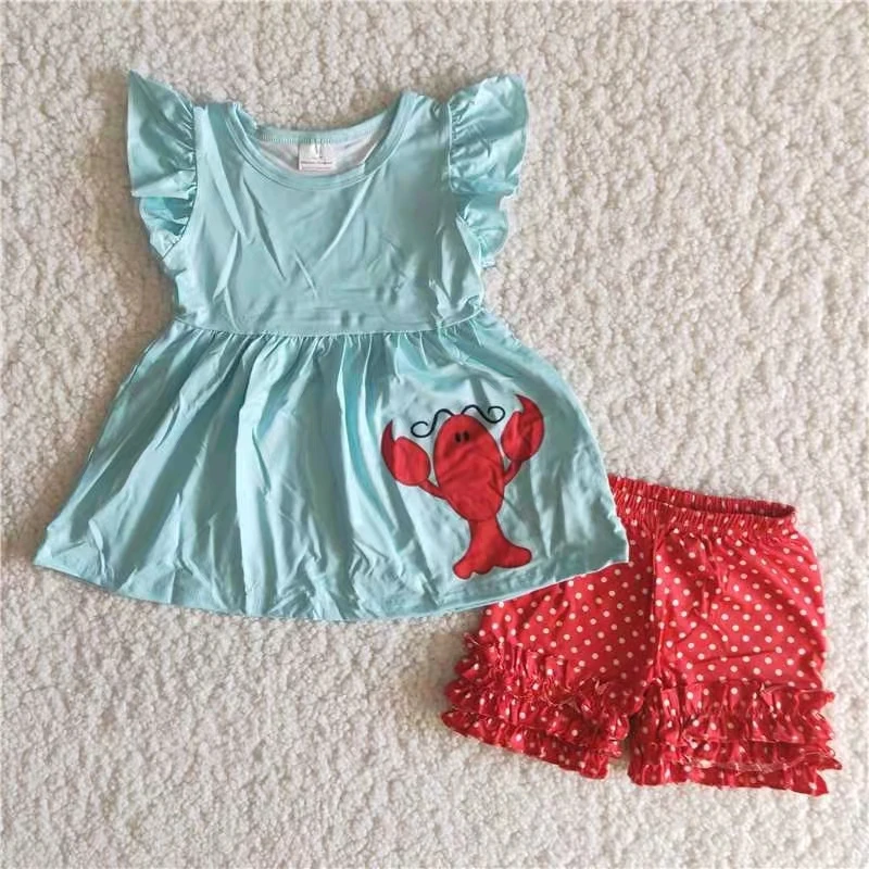 

kids clothing set flutter sleeve aqua top and red polka dots shorts girl clothes set summer boutique outfit toddler clothing