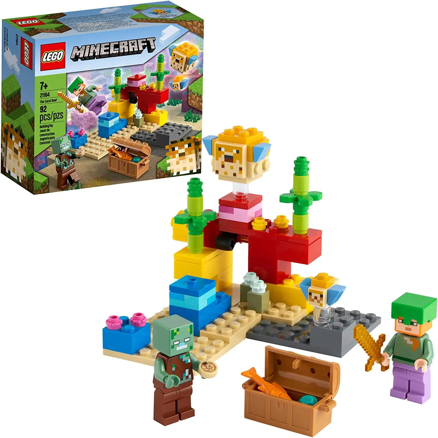 LEGO Minecraft The Coral Reef 21164 Hands-on Minecraft Marine Toy Featuring Alex, a Drowned and 2 Cool Puffer Fish, 92 Pcs