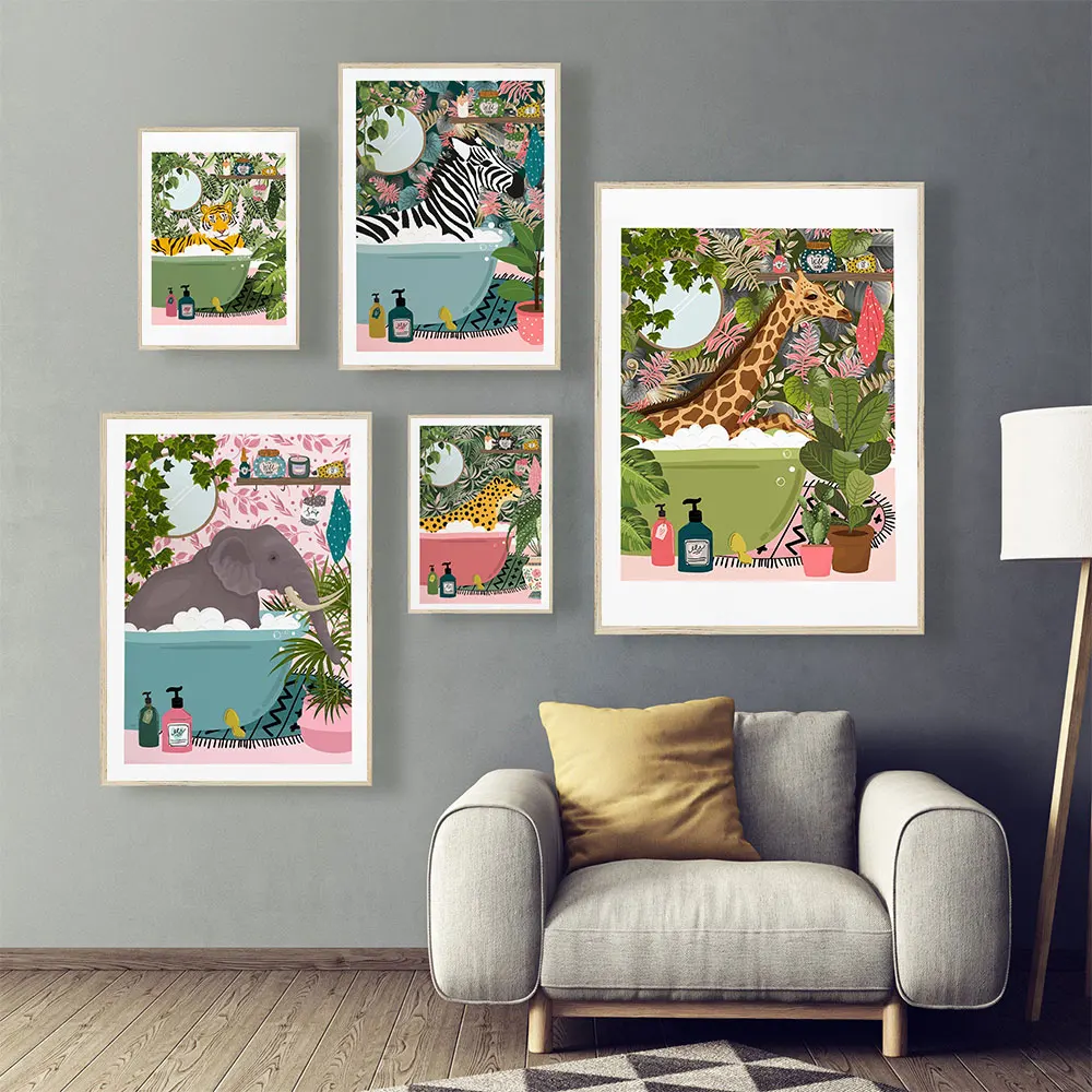 Постер с изображением тигра в ванне растительным принтом животных тропические