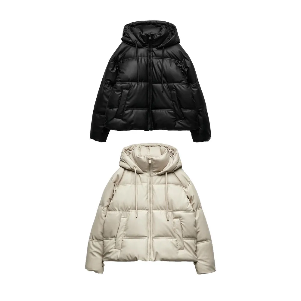 

Zach AiIsa Осень-Зима Новая женская модная короткая хлопковая куртка на молнии с капюшоном и длинными рукавами из искусственной кожи с карманам...