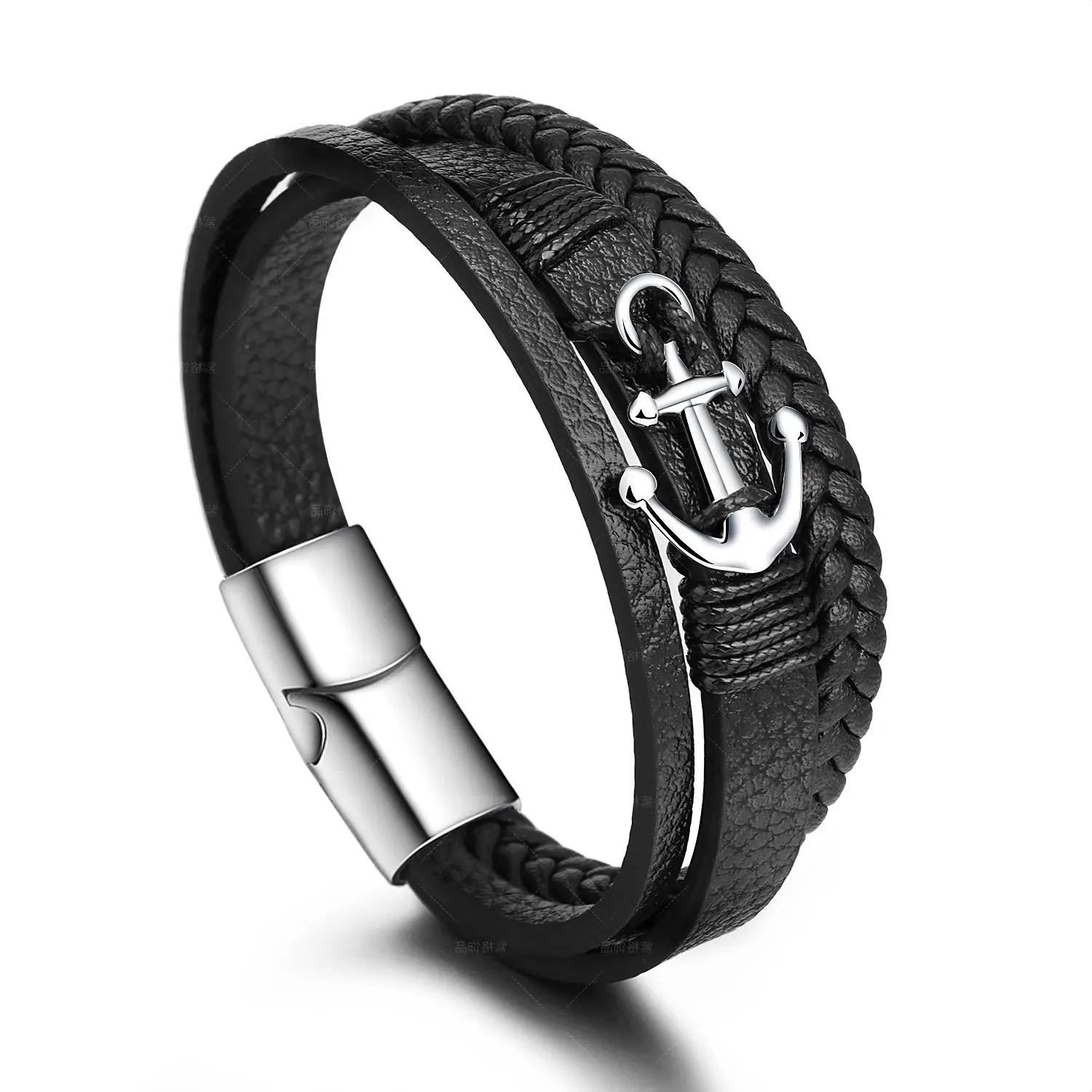 

2023 Autumn Bar Beach Leather Woven Stainless Steel Anchor Bracelet Hand woven Titanium Bracelet National Style
