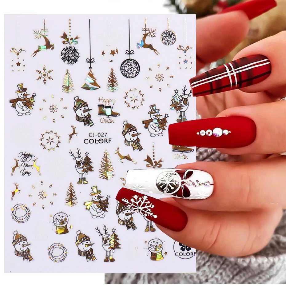 

Gold Snowman Sticker 3D Christmas Santa Claus French Line Forest Deer Slider Winter Holiday New Year Nail Art Decal Accessories