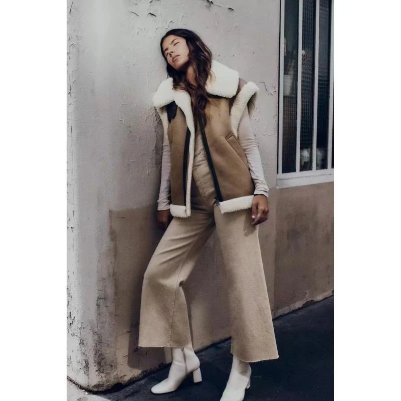 2022 Autumn Winter New Women's Faux Leather Jacket Vest Street Fashion Patchwork Waistcoat Thicken Lapel Coat Commuter Outwear