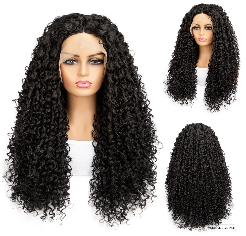 

WIGERA Synthetic Hot Sale Deep Kinky Curly Long Black Cheap T Part Front Lace Water Wave Wig Heat Resistant For Women