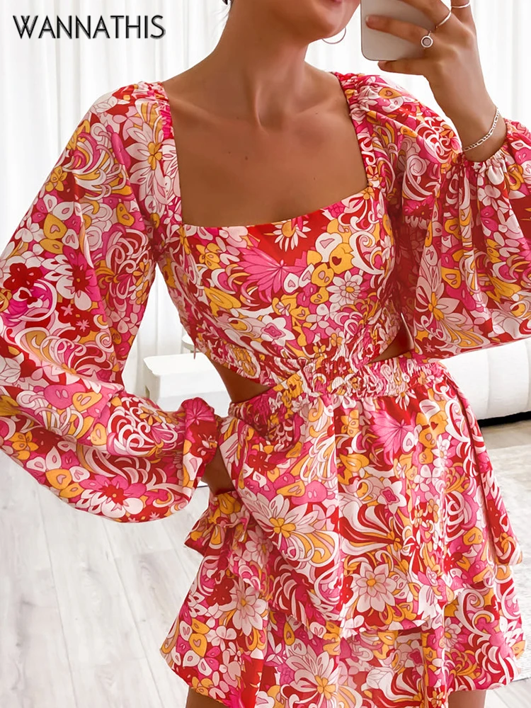 

WannaThis Floral Y2K Mini Dresses Cut Out Square Collar Lantern Sleeve Women Ruffle Sexy Summer Autumn Clubwear Chic Partywear