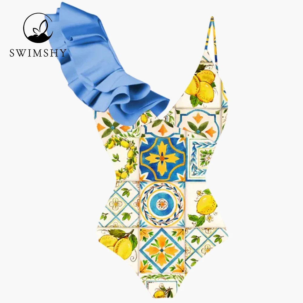 Luxury Ruffle Chic Bikini Fashion Colorblock One Piece Swimsuit Set Sexy V-neck Swimwear Summer Beach Outfits for Women Backless