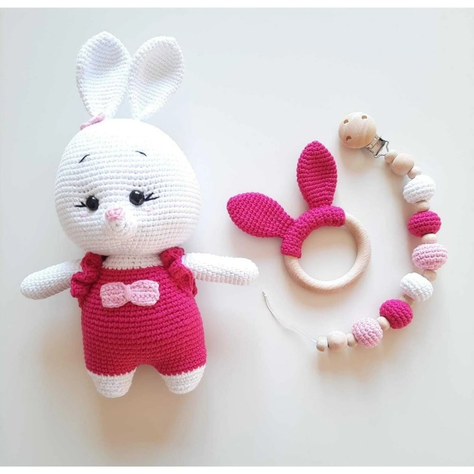 

Пухлый кролик Amigurumi, розовый комбинезон, подарок, органические вязаные игрушки животных, моющийся спутник для сна ручной работы для новорож...