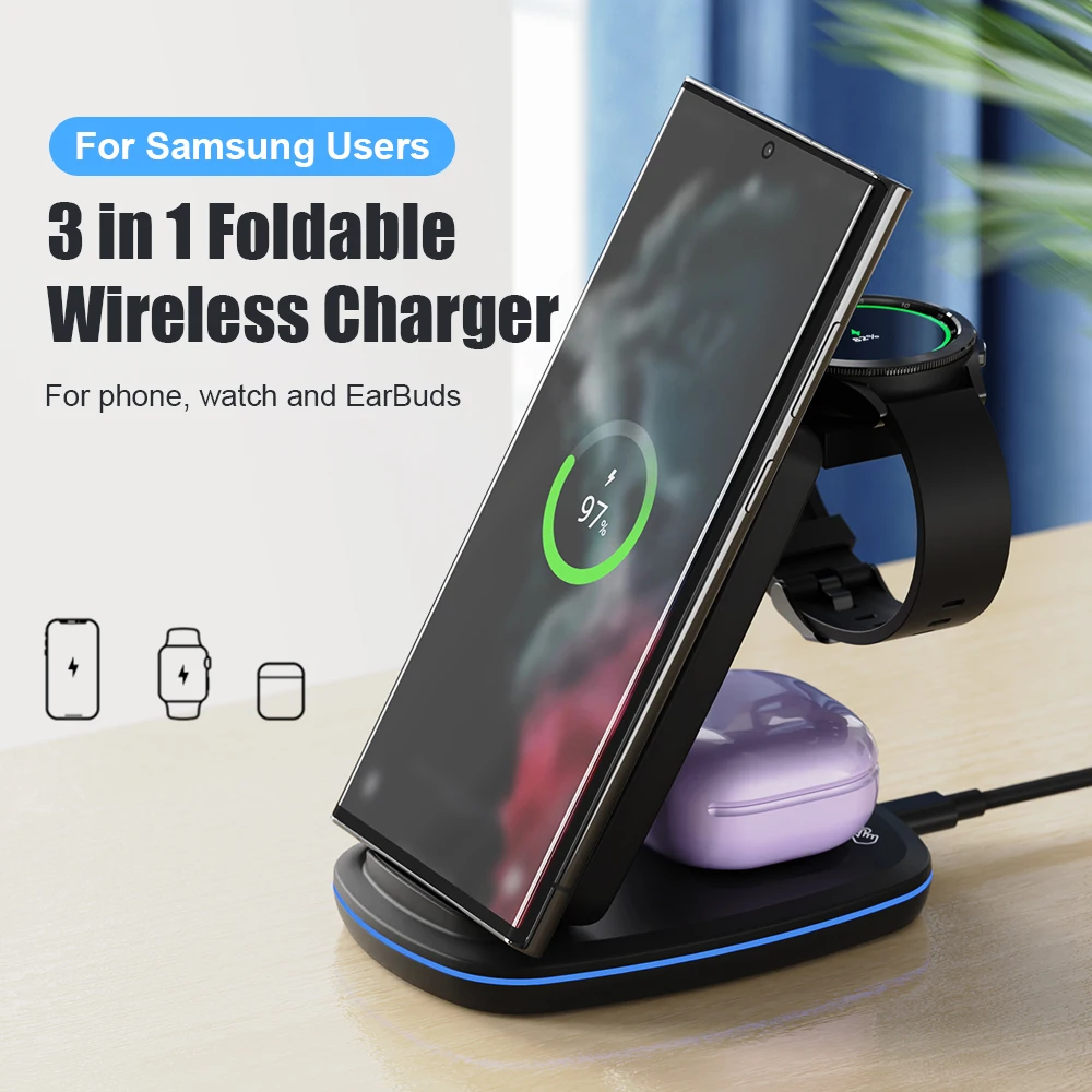 

3 в 1 Беспроводная подставка для зарядного устройства для Samsung Galaxy S22 Ultra QC3.0 15 Вт Держатель для быстрой зарядки для Galaxy Watch5 Pro/5/4 Buds