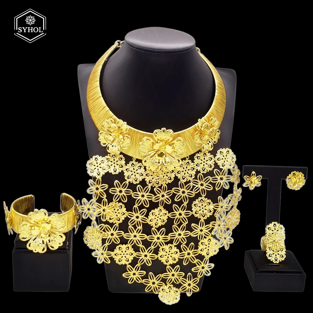 

Jewelry Sets For Women 24K Gold Plated Original Necklace Luxury Wedding Large Necklace Earrings Banquet Dubai Gold Jewelry SYHOL