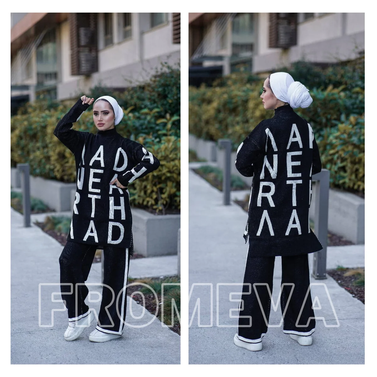 

Text Detailed Knitwear Suit Long Sleeve Elastic Waist Trousers Muslim Fashion Women Hijab Clothing Seasonal New Season Loose