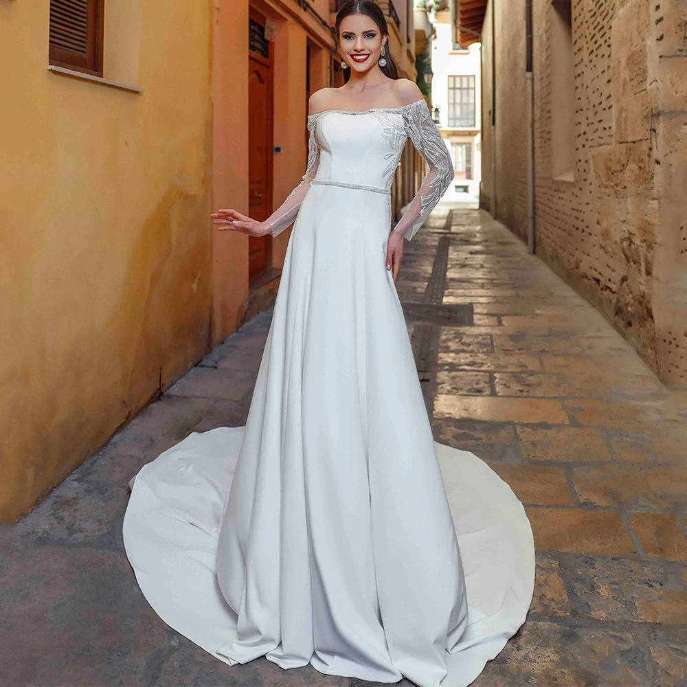 

Elegant Off the Shoulder Long Sleeve Wedding Dress Applique with Beaded Belt Bridal A-Line Floor Length Jersey Sweep Train Gowns