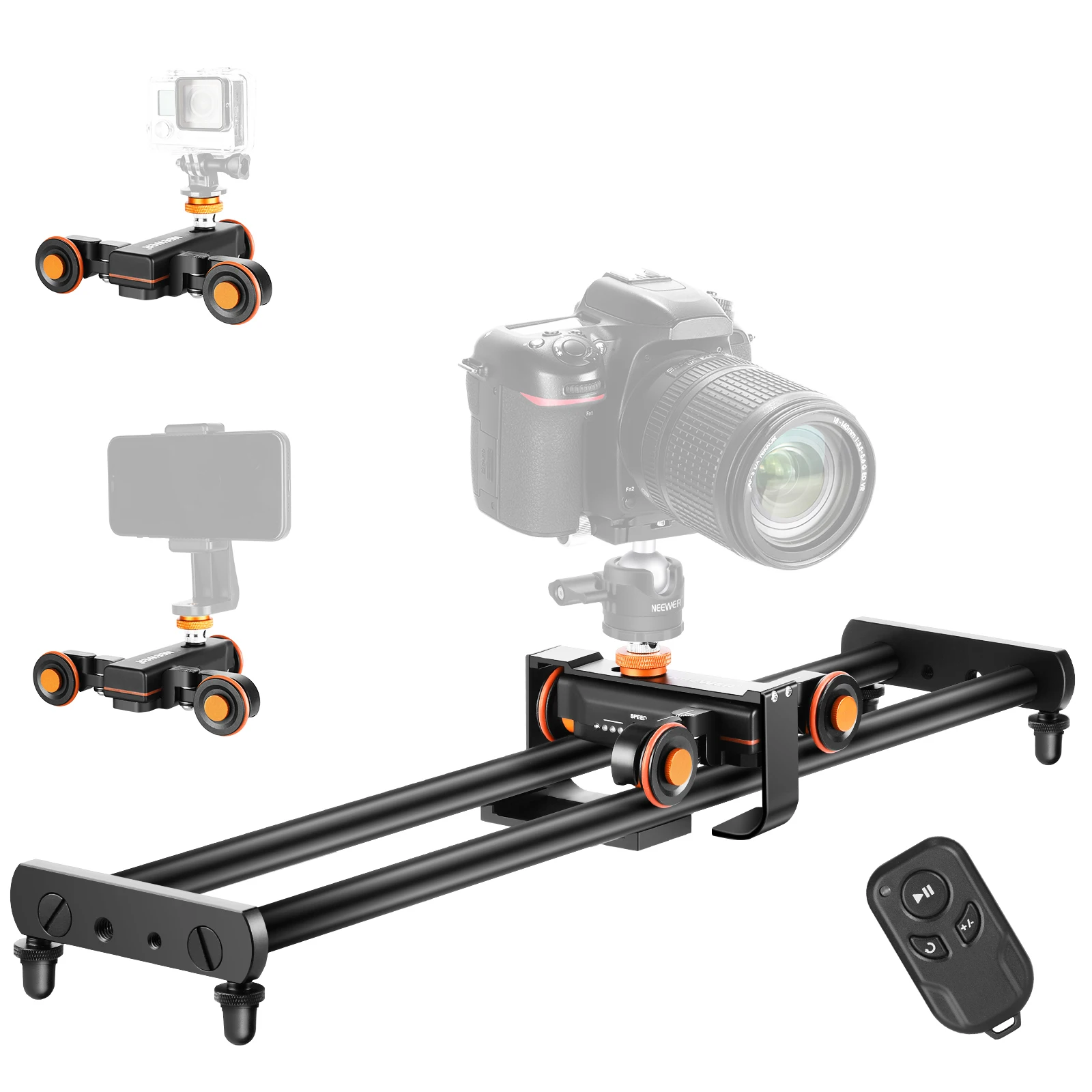 

Neewer Camera Slider 23.6 inches/60centimeters Track Rail Camera Slider with 3-Wheel Wireless Auto Dolly Car and Remote Control