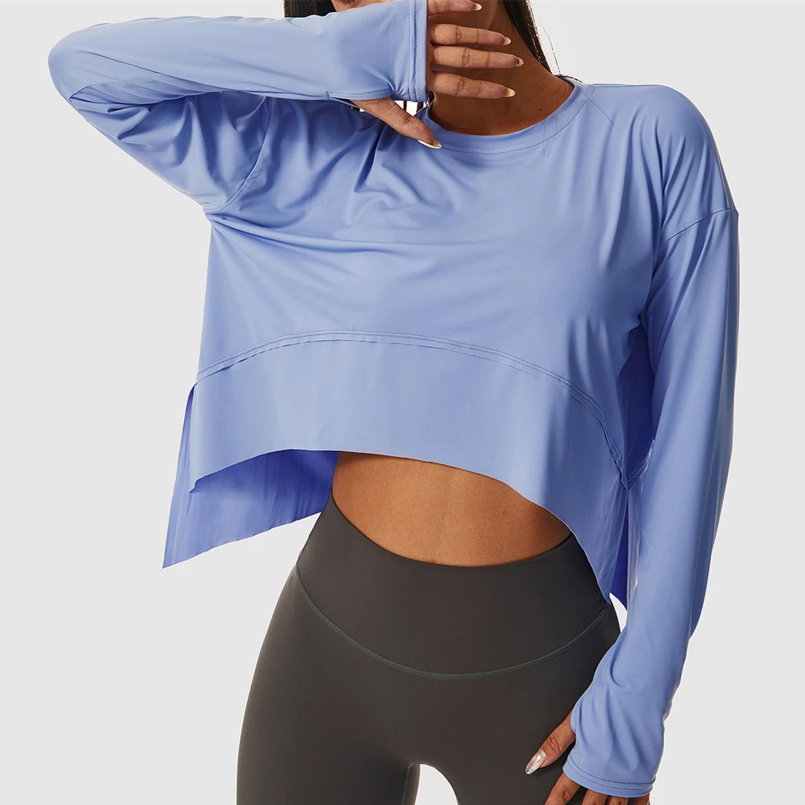 

Loose Gym Wear Crop Tee for Women Irregular Long Sleeve Round Neck Sportswear Quick Dry Blouse Loose Sports Crop Tops Fitness
