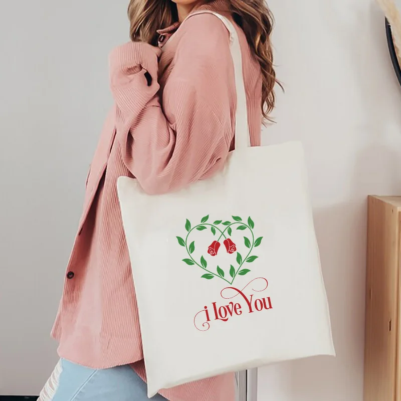 

Custom I LOVE YOU Tote Bag Foldable Shopping Bag Reusable Eco Large Unisex Shoulder Bags Grocery Cotton Cloth Top-Handle Bags