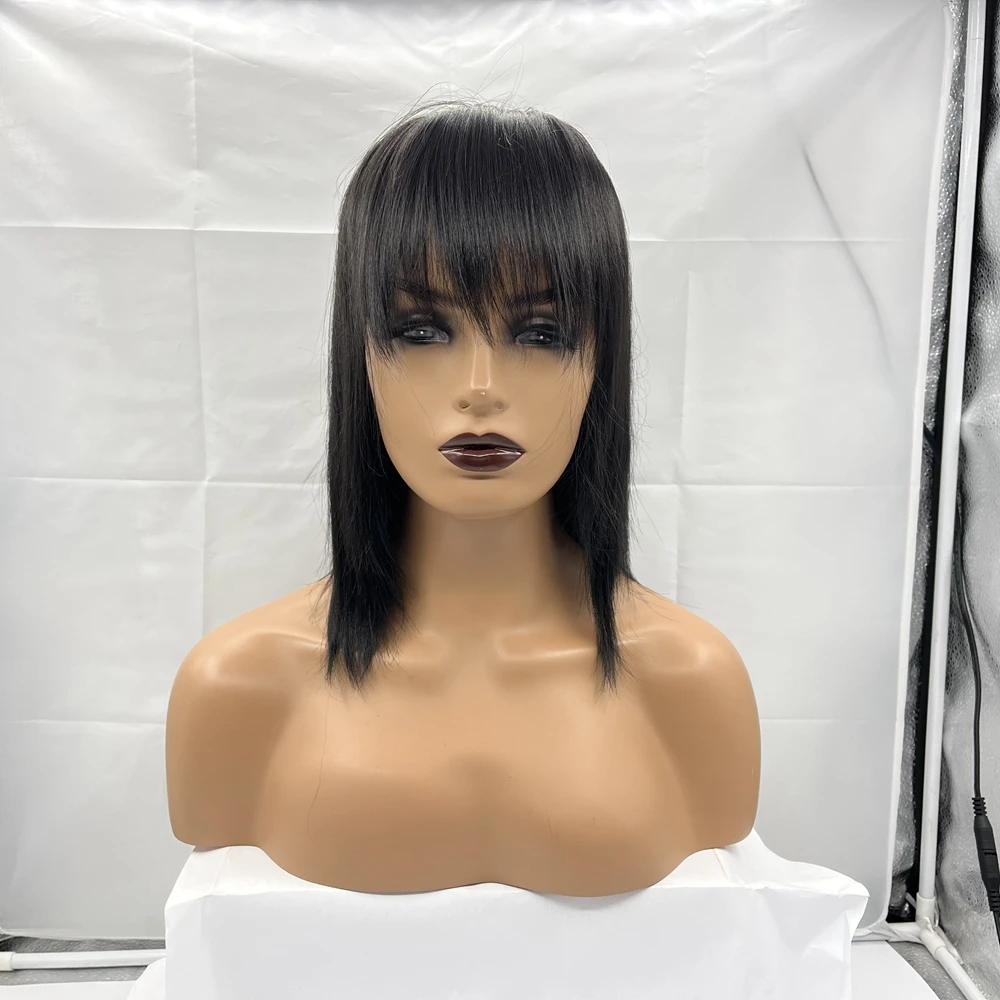 

Yaki Black Bob Wig with Bangs Machine Made 150 Density 14 inches For Women