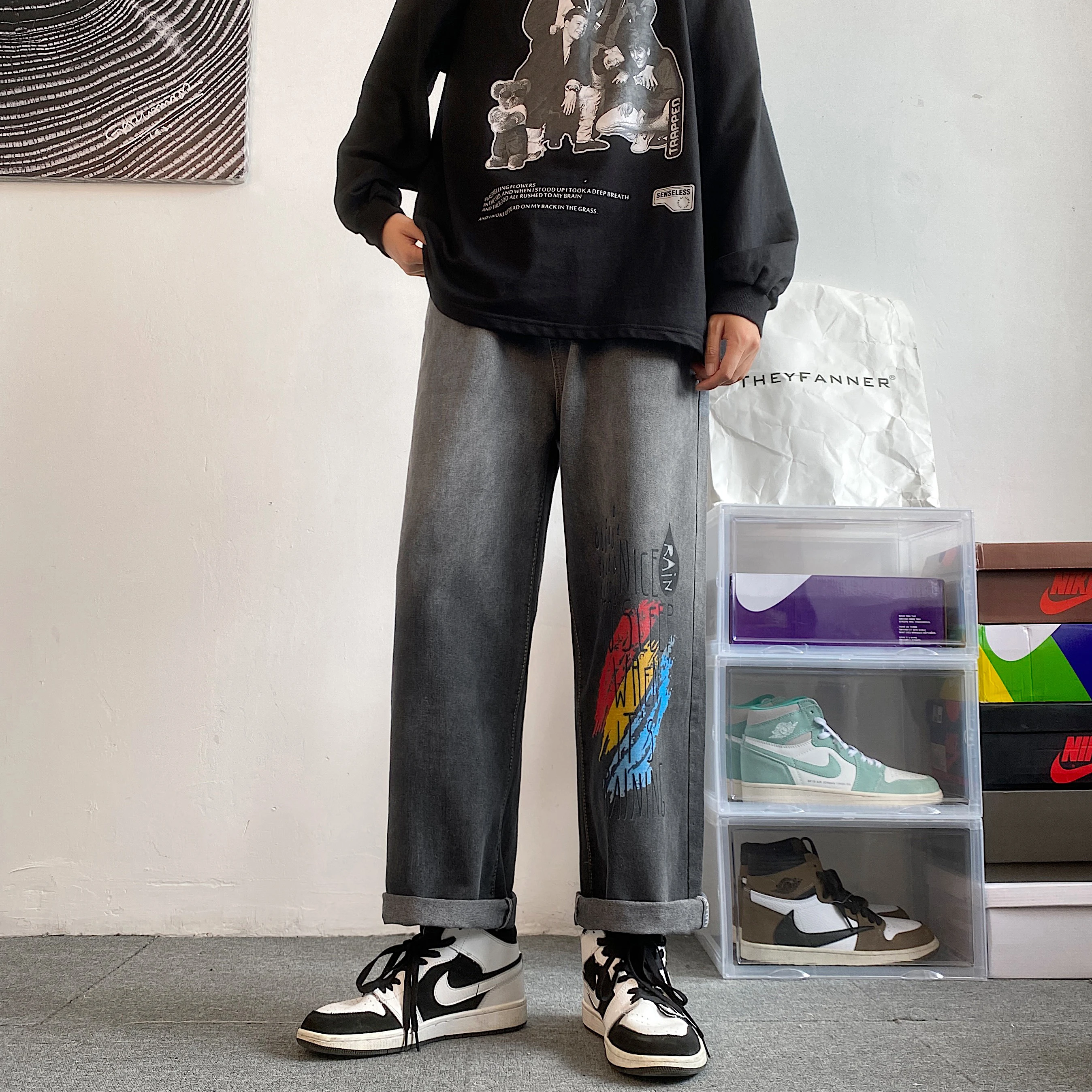 Wide Leg Cargo Pants 2022 Korean Fashion Loose Straight Male Streetwear Baggy Men Jeans Spring Autumn