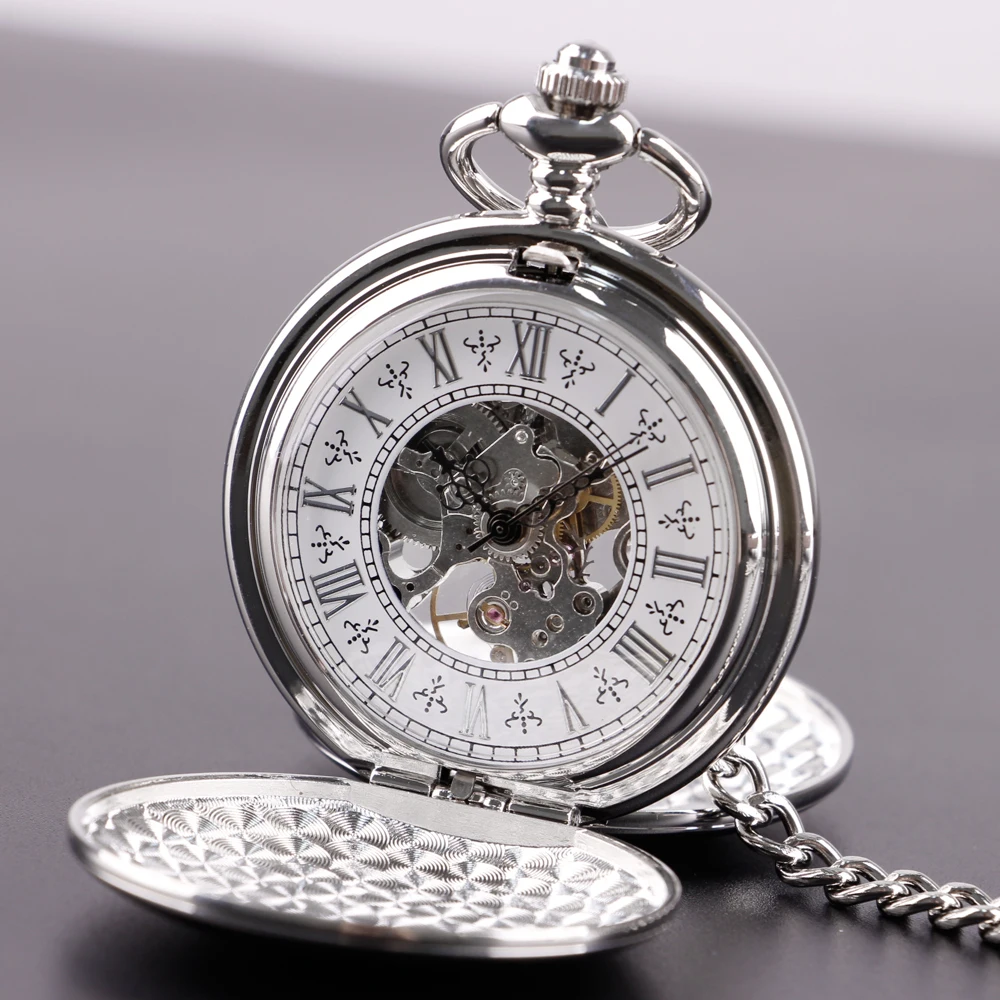 2 Sides Open Case Roman Numerals Pocket Watch Mechanical Luxury Silver Hand-winding Mens Vintage Fob Watches Necklace