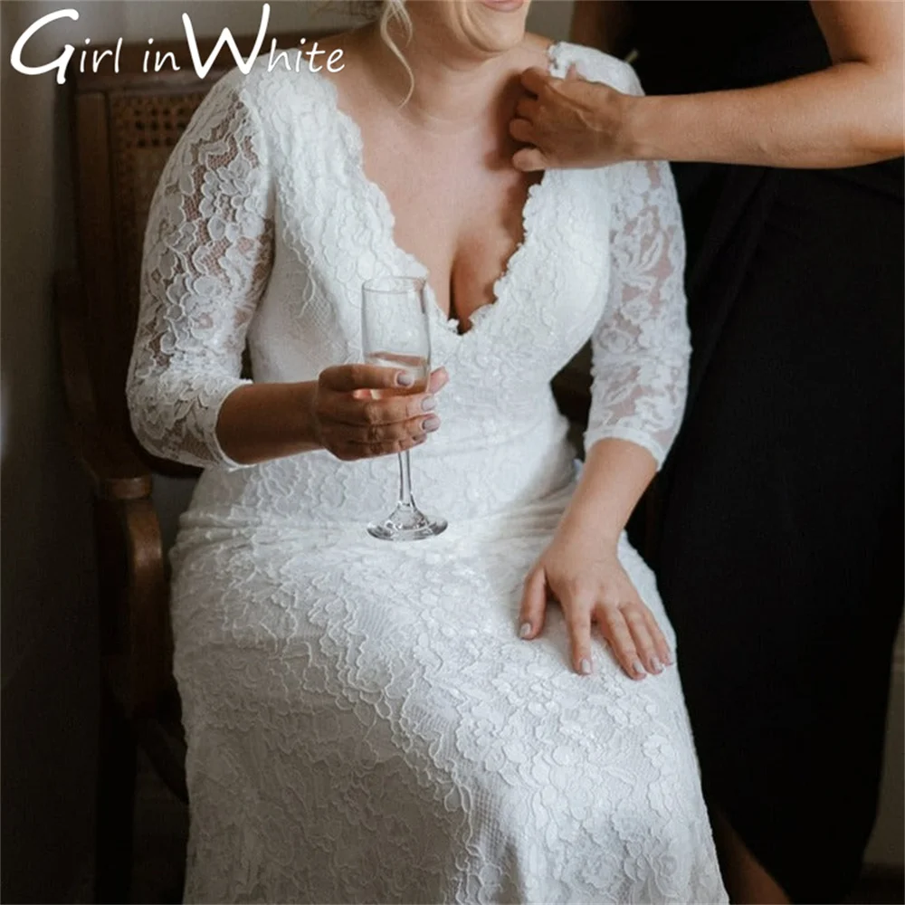 

Elegant Mermaid Lace Wedding Dress V Neck Long Sleeves Wedding Gown Court Train Backless Dress For Women vestidos de novia
